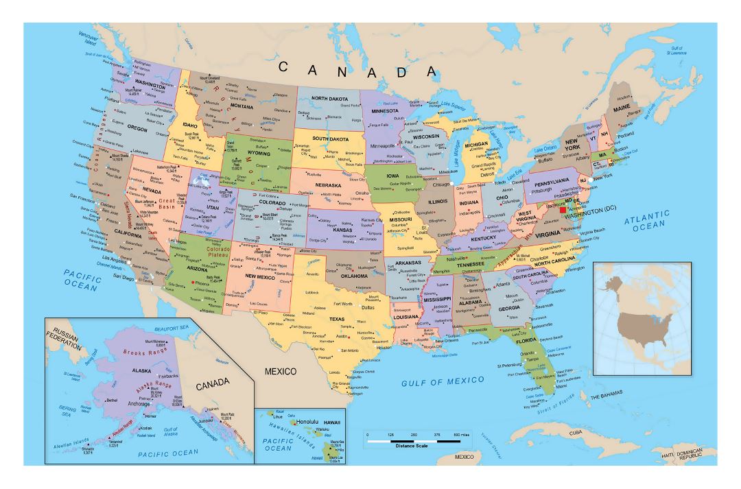 Large political and administrative map of the United States